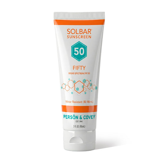 Solbar fifty front tube showing product and SPF 50 protection benefits