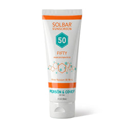 Solbar fifty front tube showing product and SPF 50 protection benefits