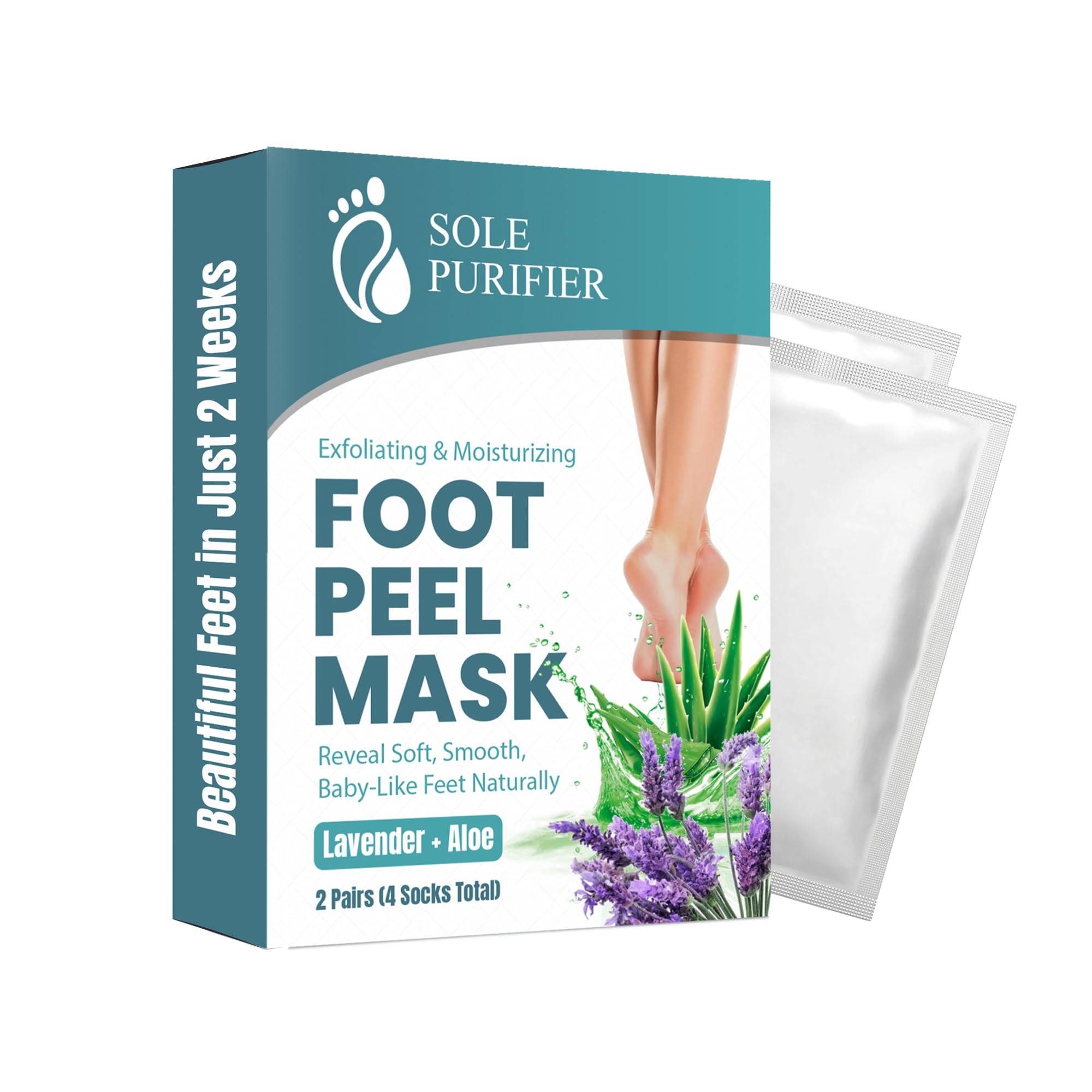 SOLE PURIFIER front packaging showing two foot peel mask packs for smooth feet