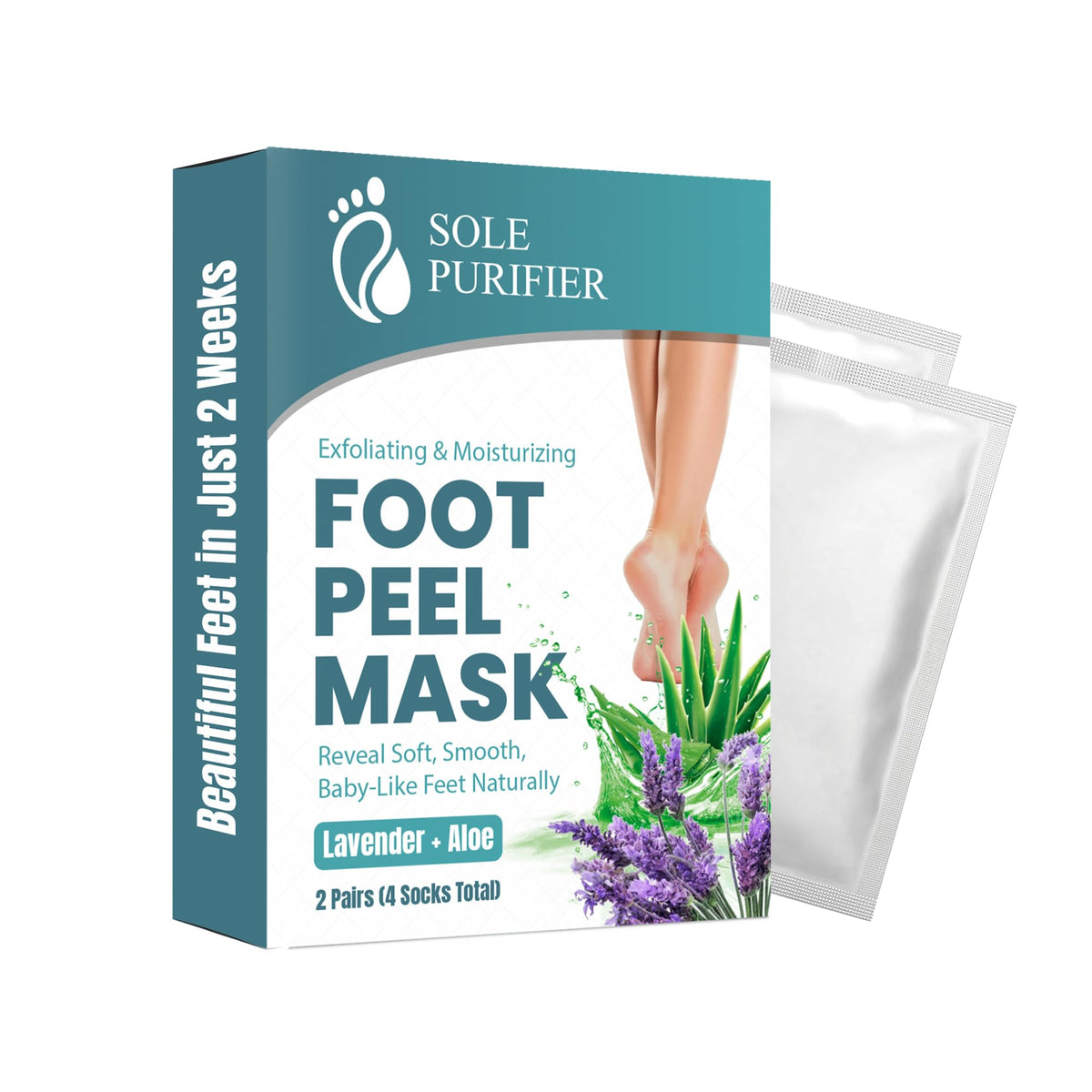 SOLE PURIFIER front packaging showing two foot peel mask packs for smooth feet