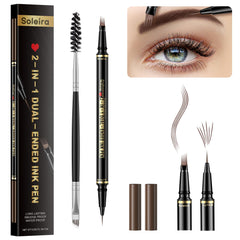 Soleira eyebrow pen front packaging showing dual-ended tool for defined brows and portability