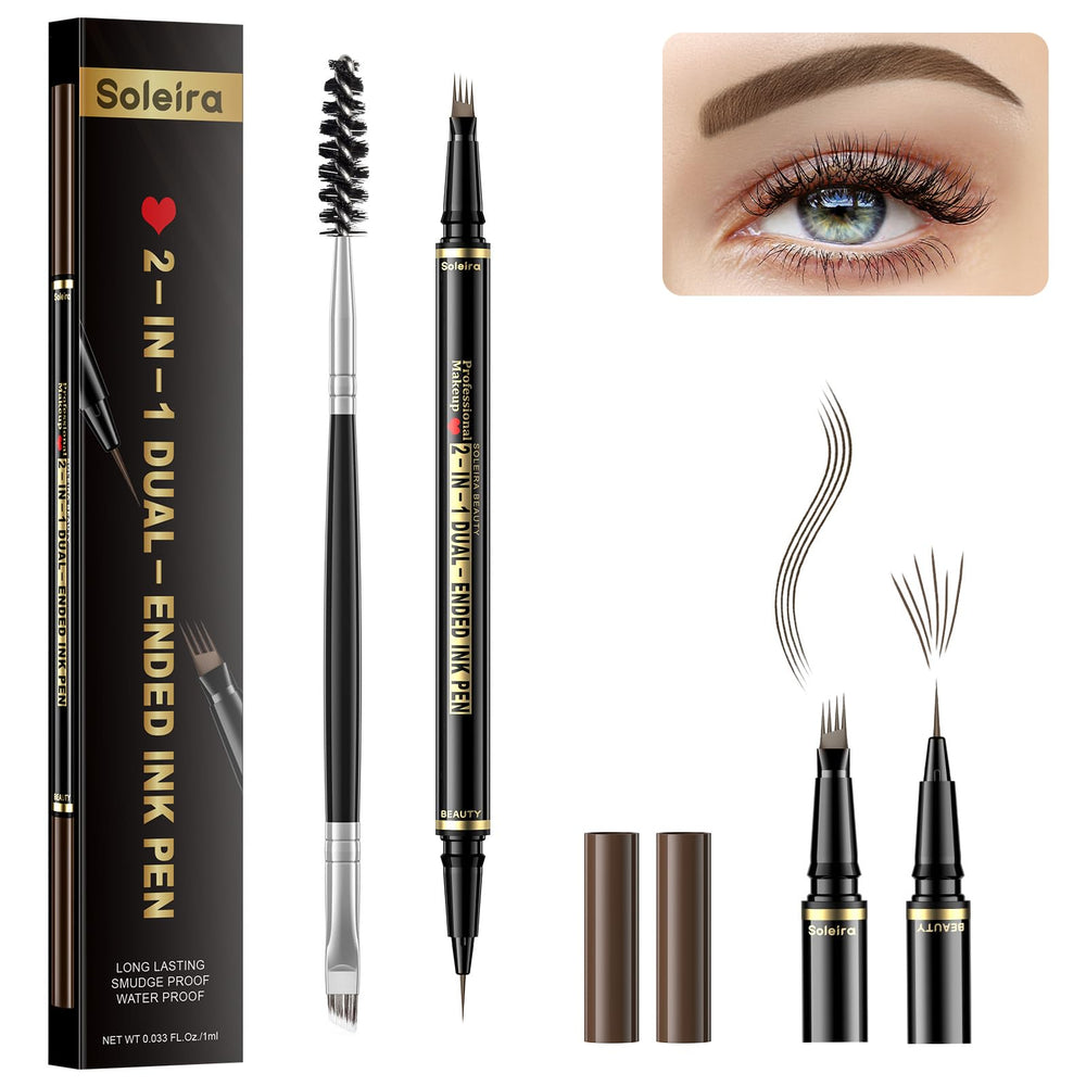 Soleira front packaging showing ash brown eyebrow pen and brush, clear product view