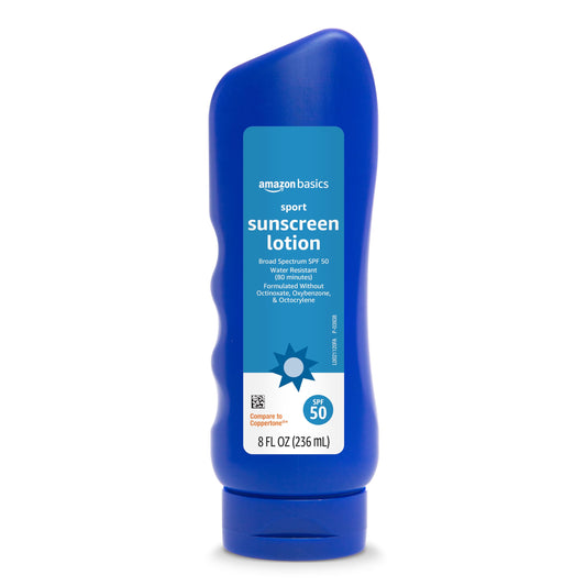Solimo front bottle showing SPF 50 and 8 fl oz, clear labeling benefit