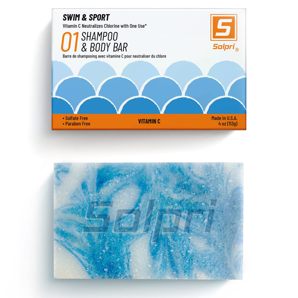 Solpri front packaging showing unscented swim shampoo bar and benefit of chlorine removal