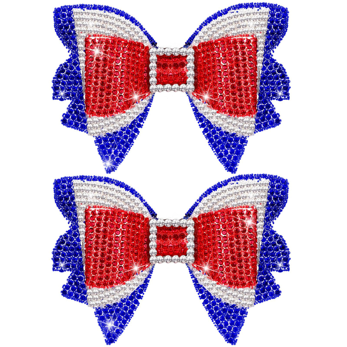 Solsew front view of patriotic bow clips showing bold colors and sparkle