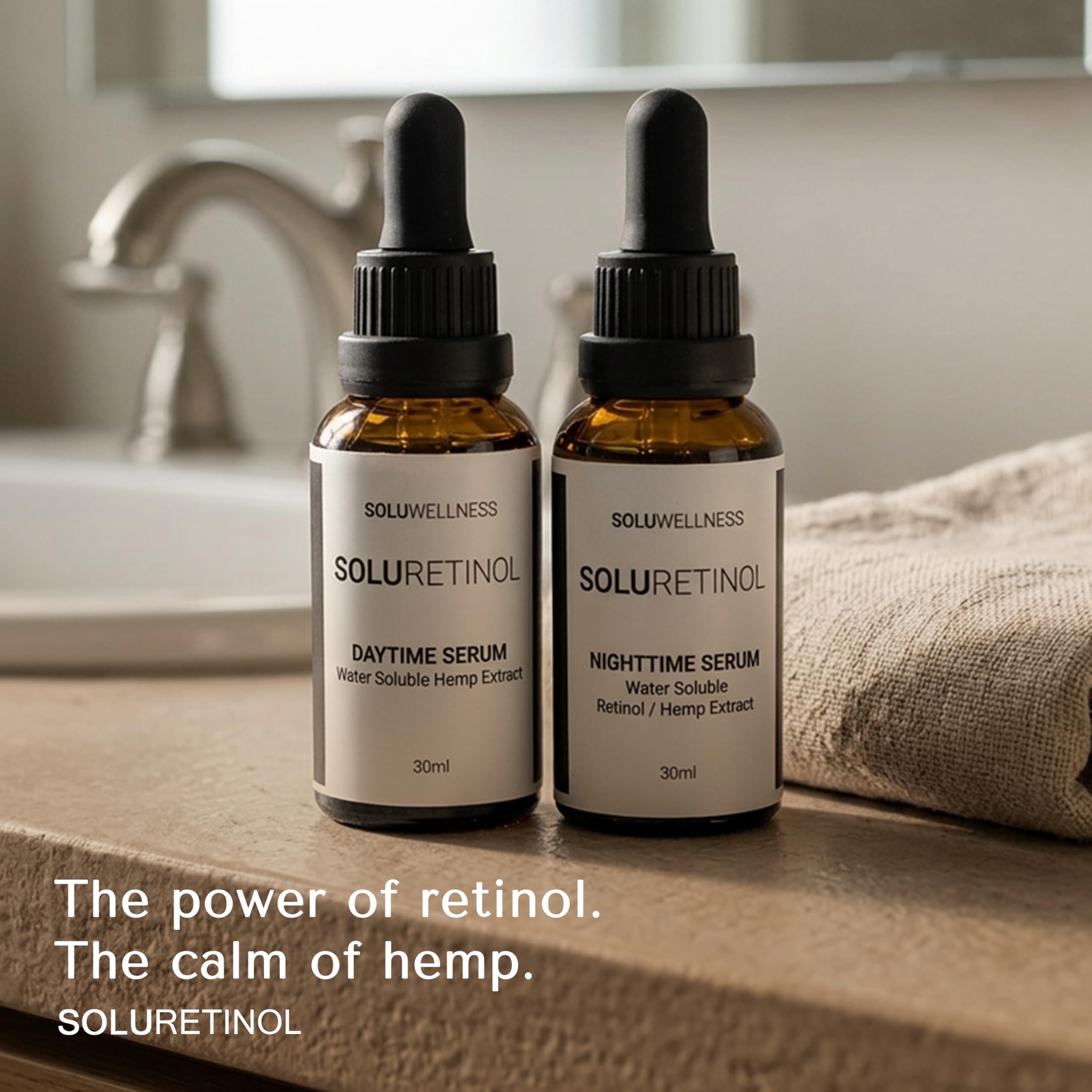 SOLURETINOL lifestyle bathroom routine showing easy AM and PM use benefit