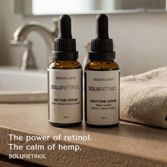 SOLURETINOL lifestyle bathroom routine showing easy AM and PM use benefit