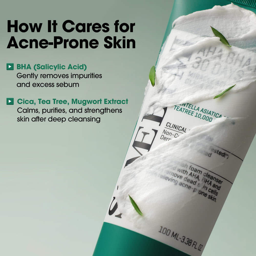 SOME BY MI label detail highlighting AHA BHA PHA and salicylic acid benefits