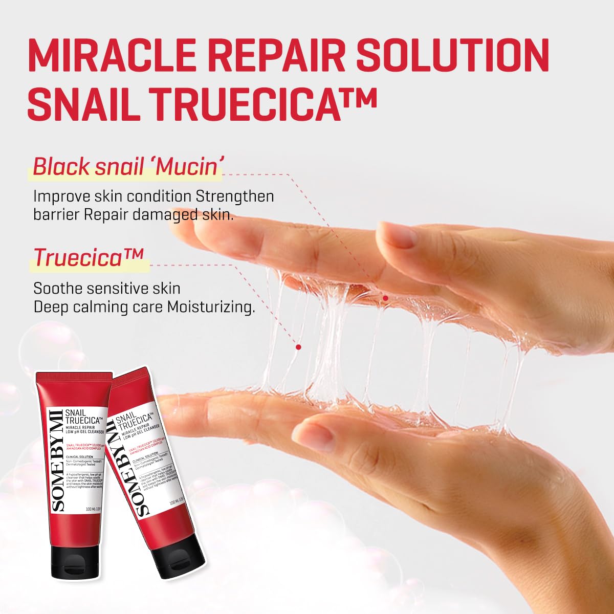 SOME BY MI close-up of translucent mucin gel, emphasizes hydrating texture and skin repair