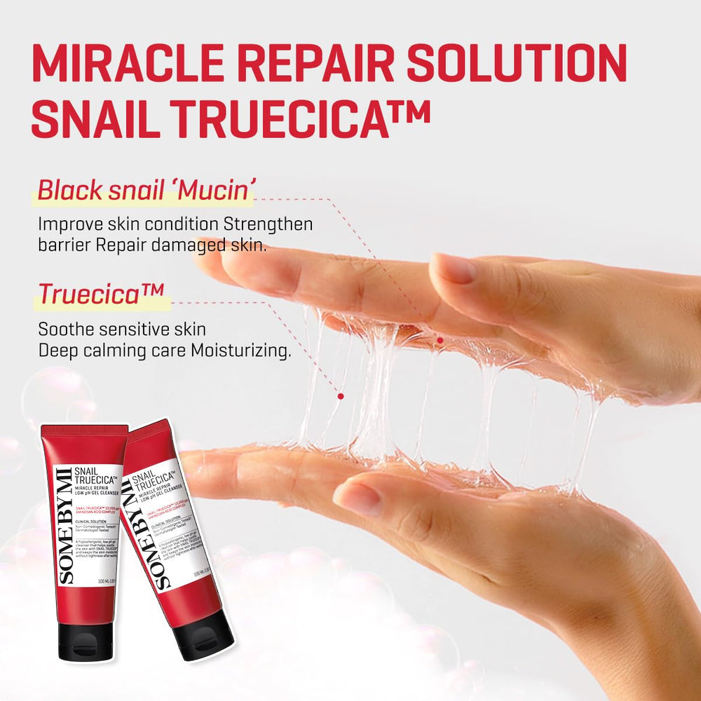 SOME BY MI close-up of translucent mucin gel, emphasizes hydrating texture and skin repair
