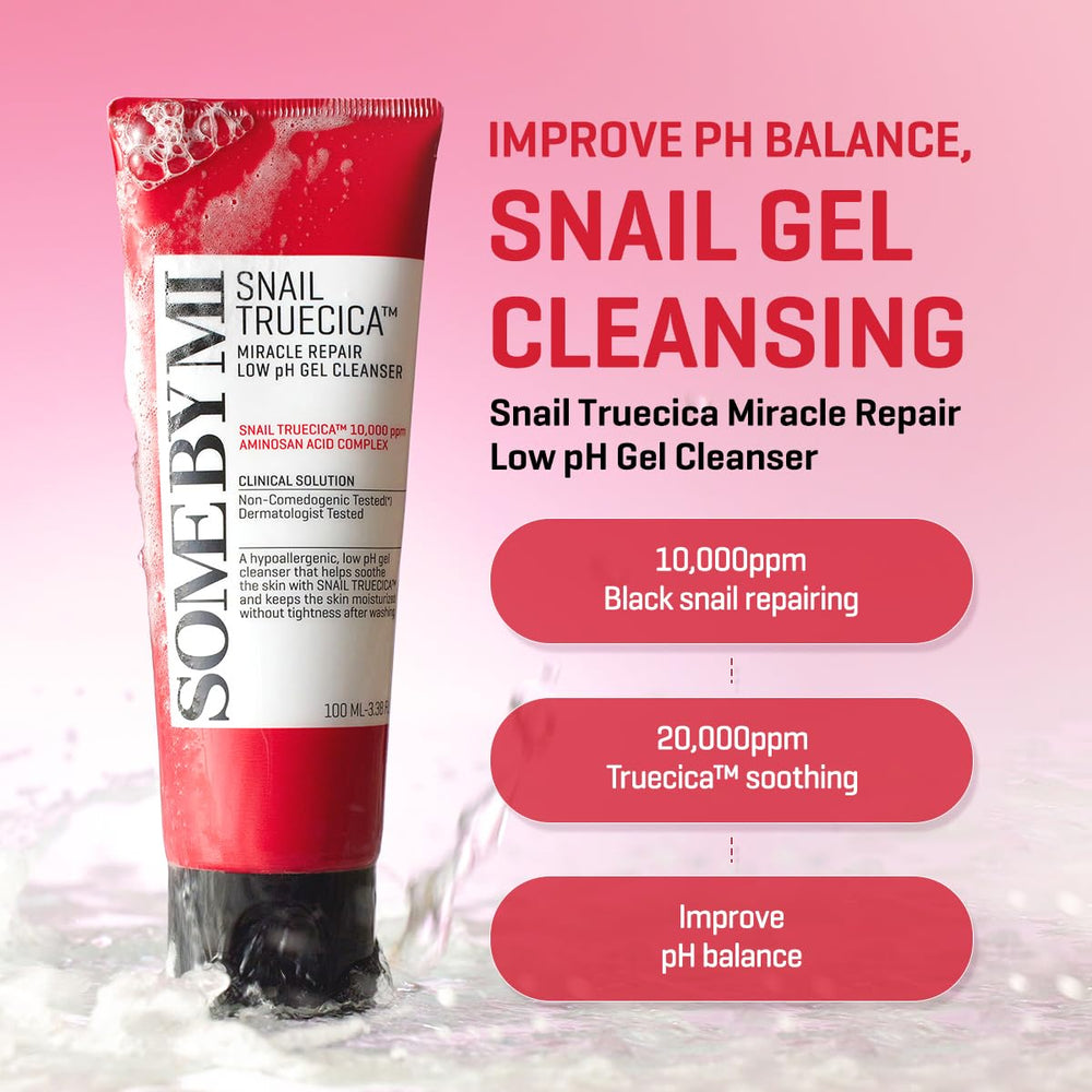 SOME BY MI pump dispensing gel texture, highlights easy application and gentle foam control