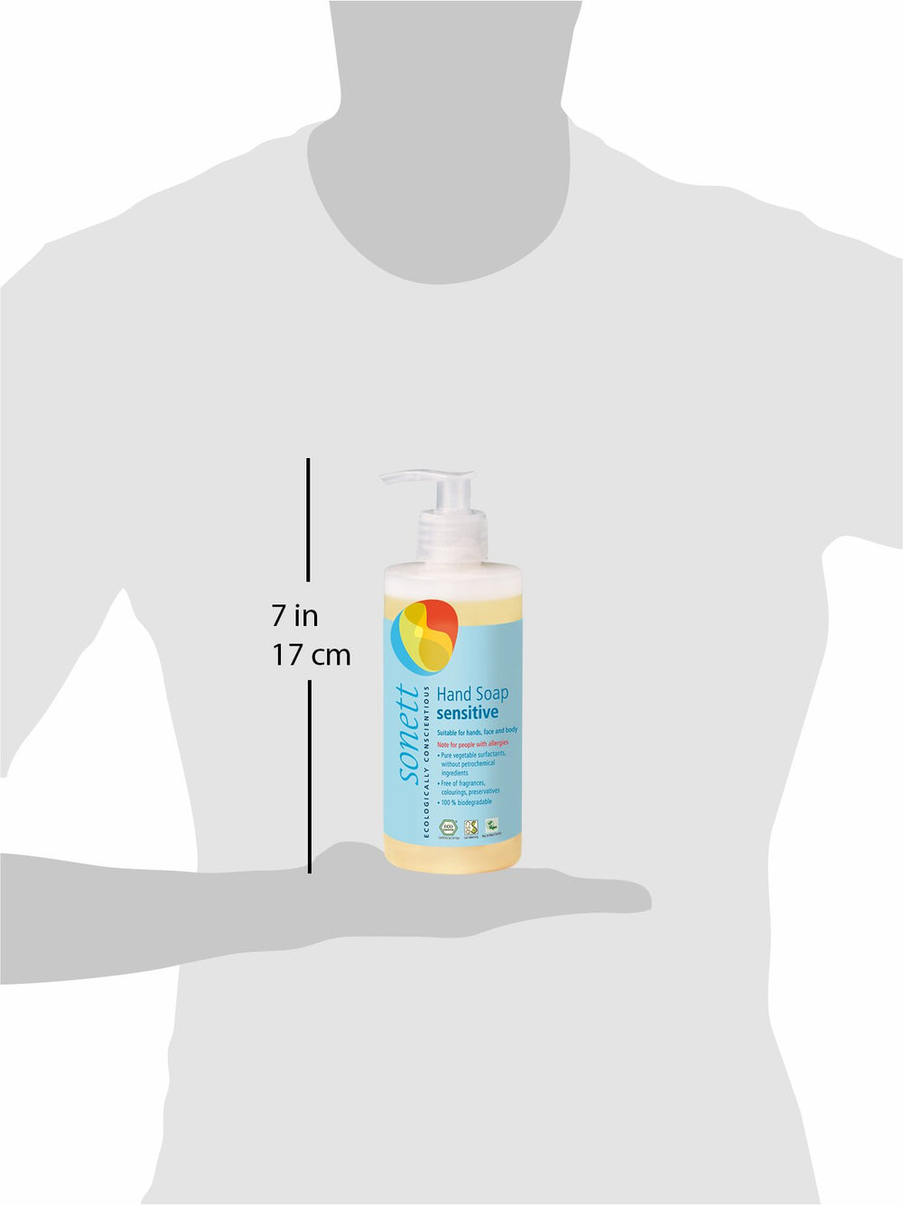Pump dispensing Sonett liquid soap demonstrating easy, controlled use