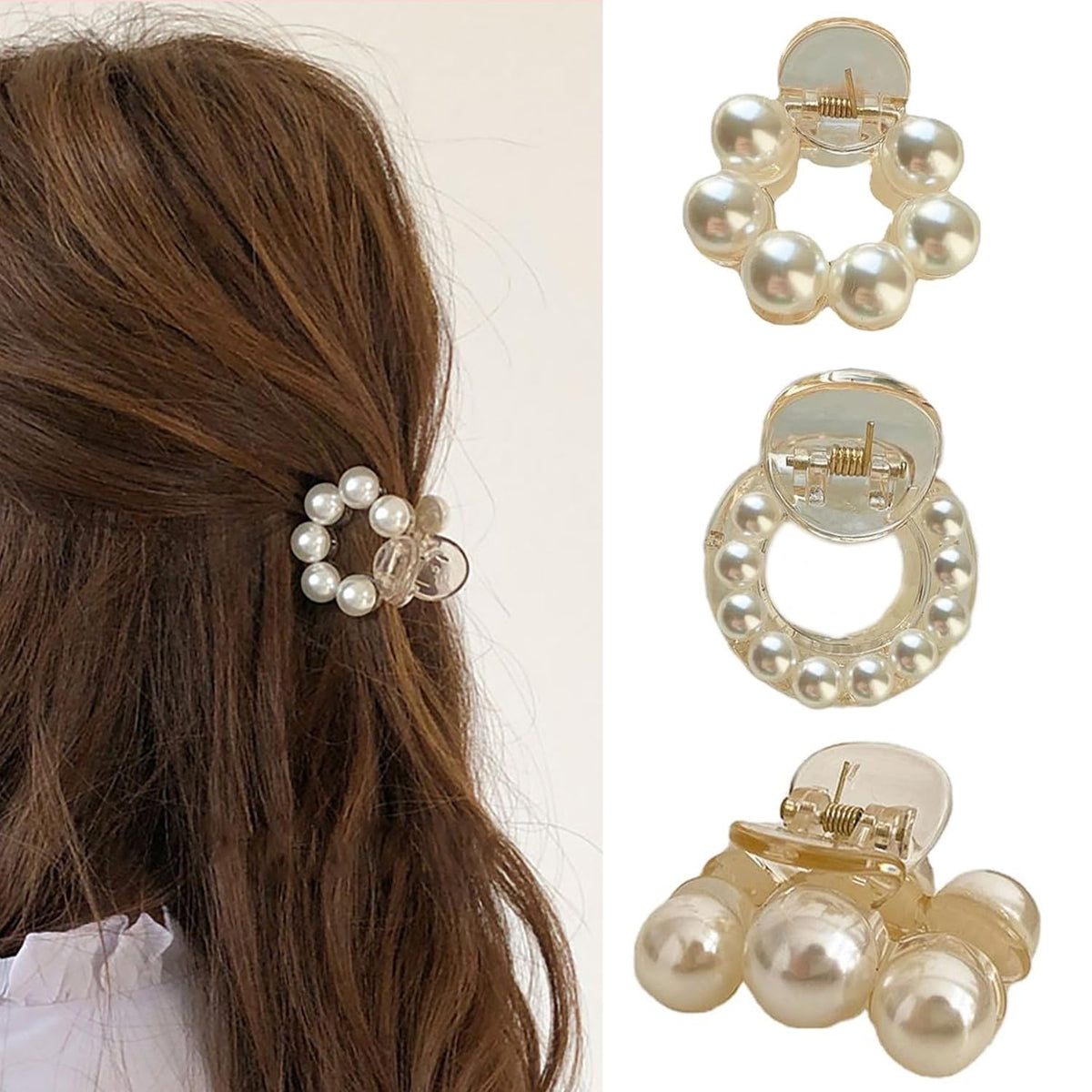 SONGJIE front view of three pearl hair clips showing elegant styling benefit