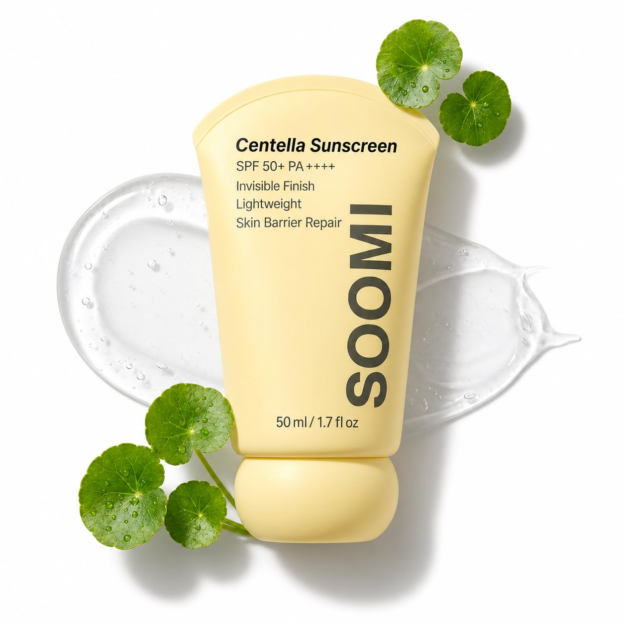 Soomi Skin Centella sunscreen front packaging showing SPF 50 and sleek tube, protective daily use