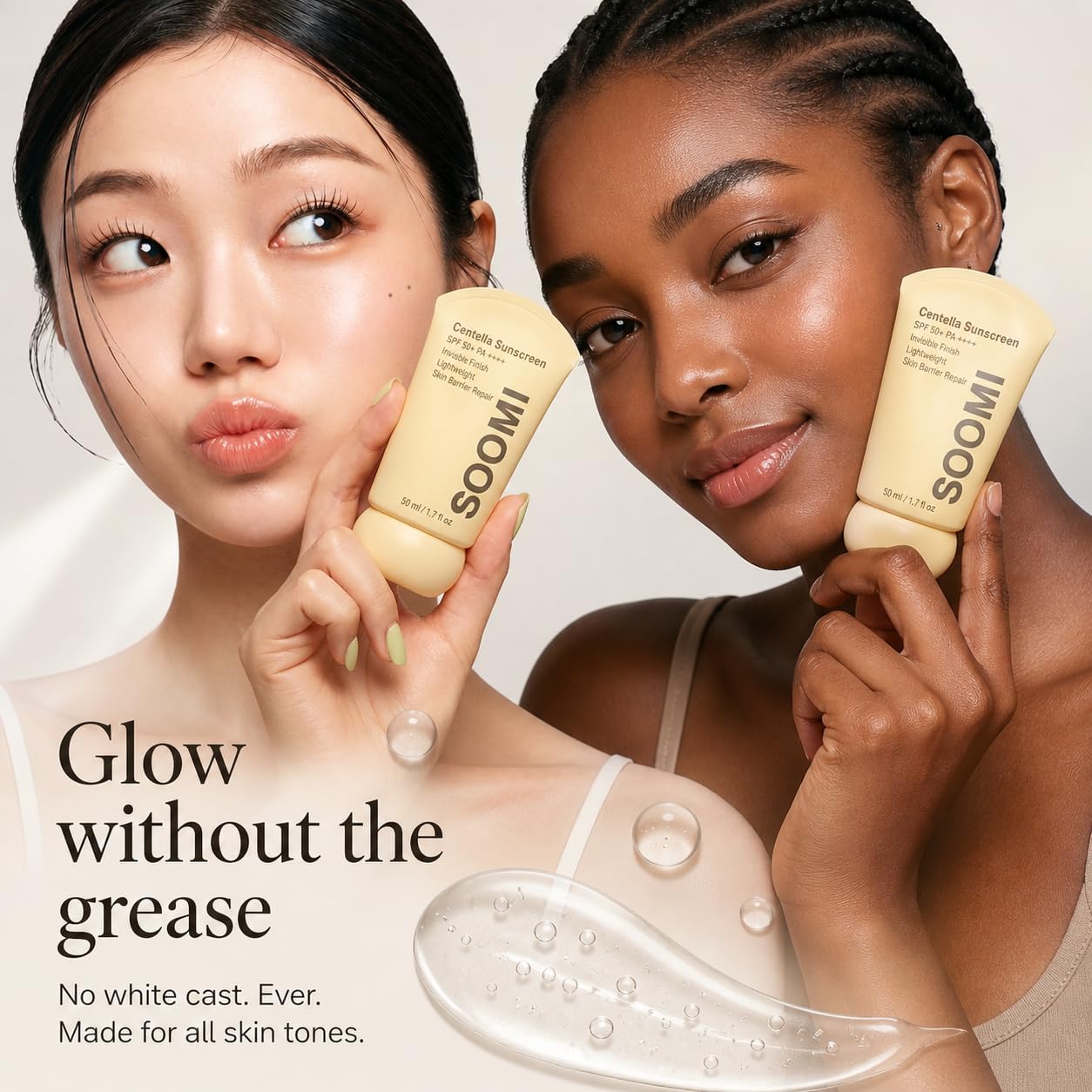 Soomi Skin Centella sunscreen texture close-up demonstrating lightweight, fast-absorbing finish