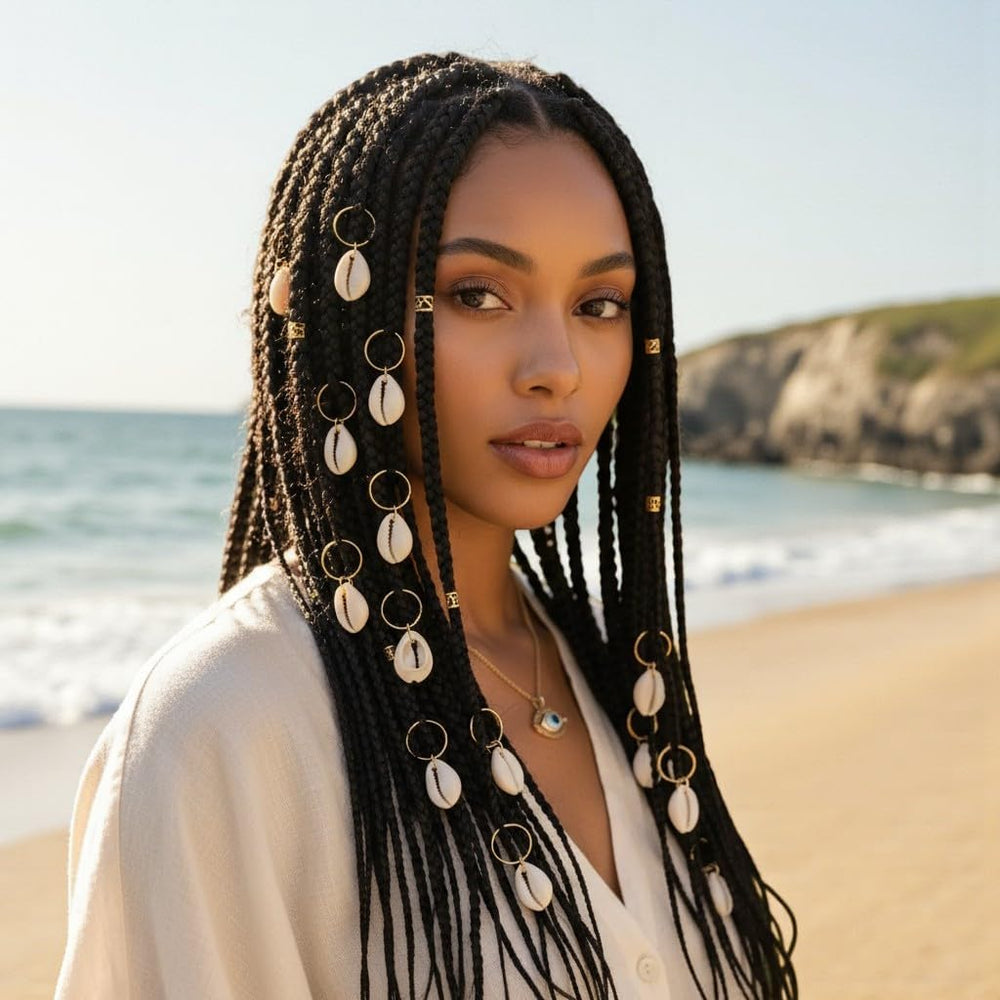 Sopopal shells inserted in braided hair showcasing decorative beach look