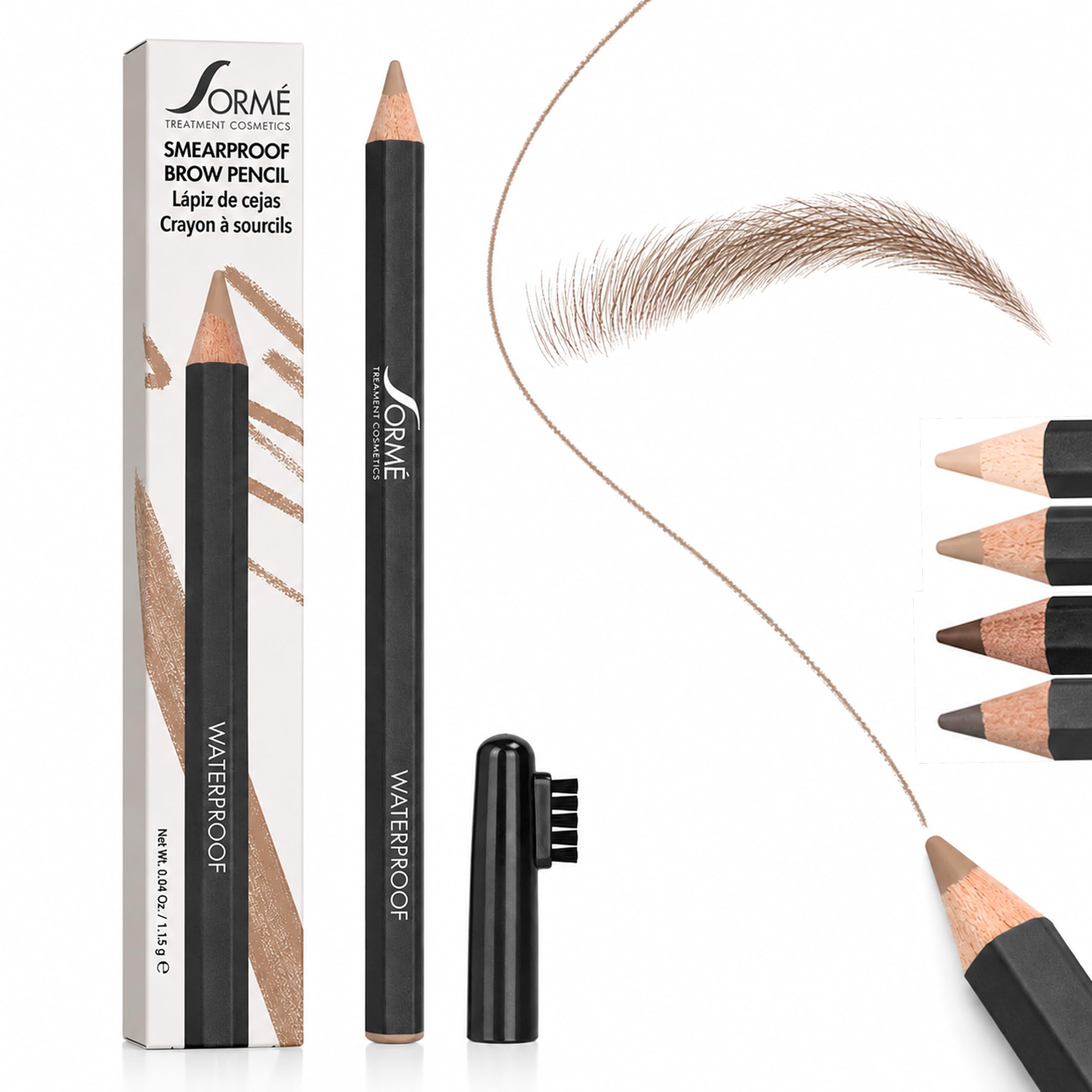 SORMÉ eyebrow pencil front packaging showing color and brush, easy identification benefit