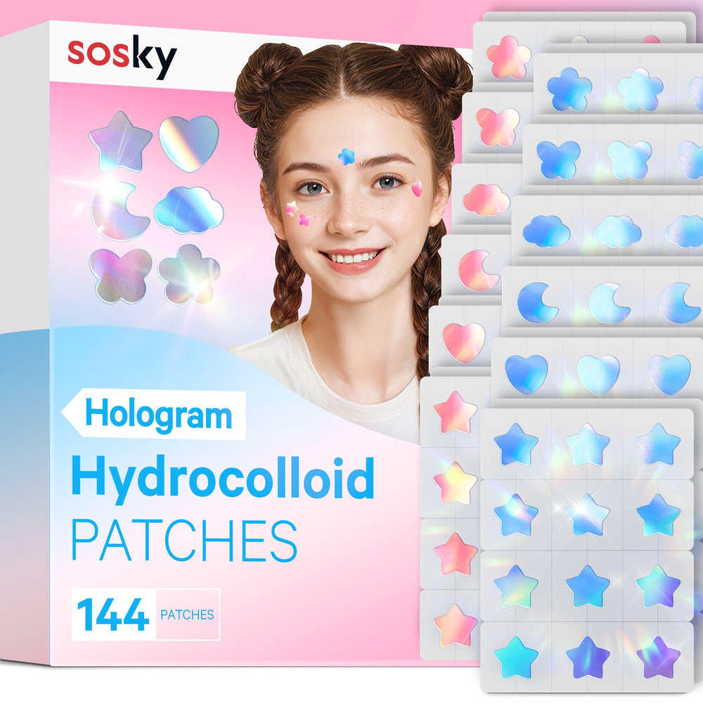 Sosky front packaging showing holographic patch variety and benefits
