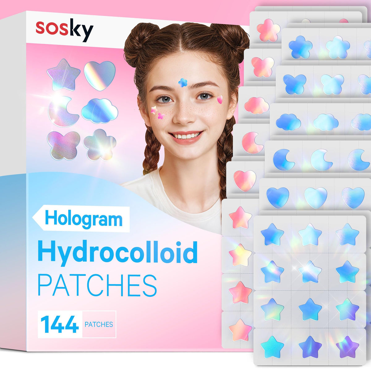 Sosky front packaging showing holographic patch variety and benefits
