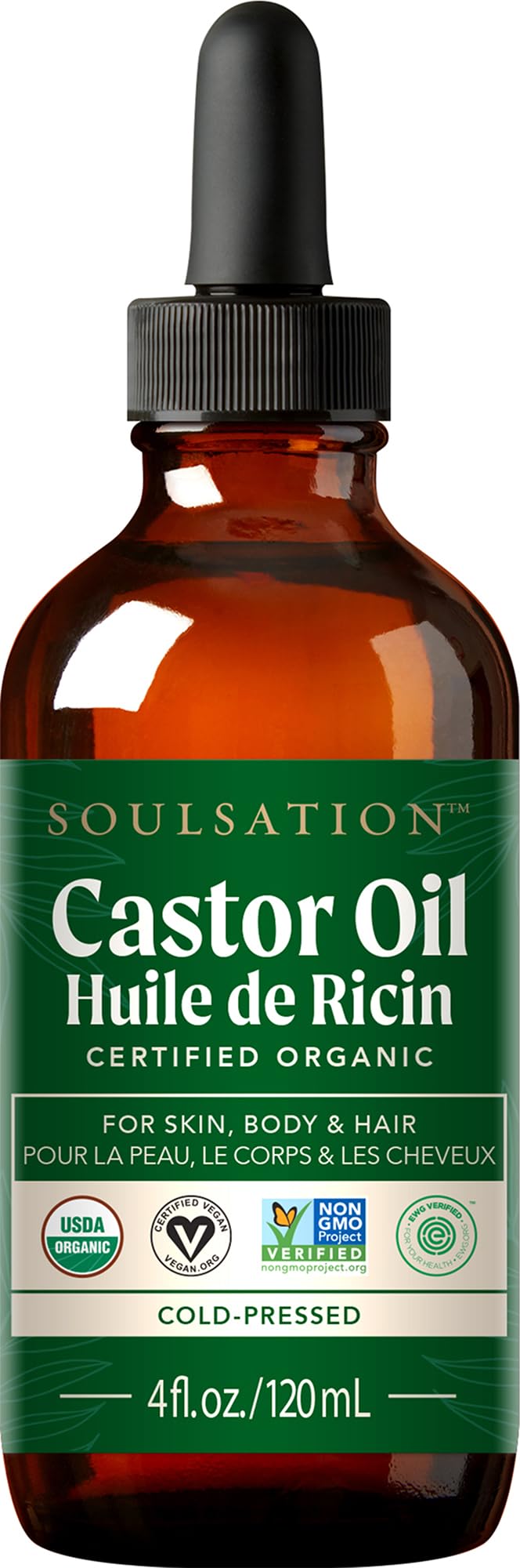 SOULSATION glass bottle front label showing organic castor oil package benefits