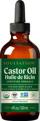 SOULSATION glass bottle front label showing organic castor oil package benefits
