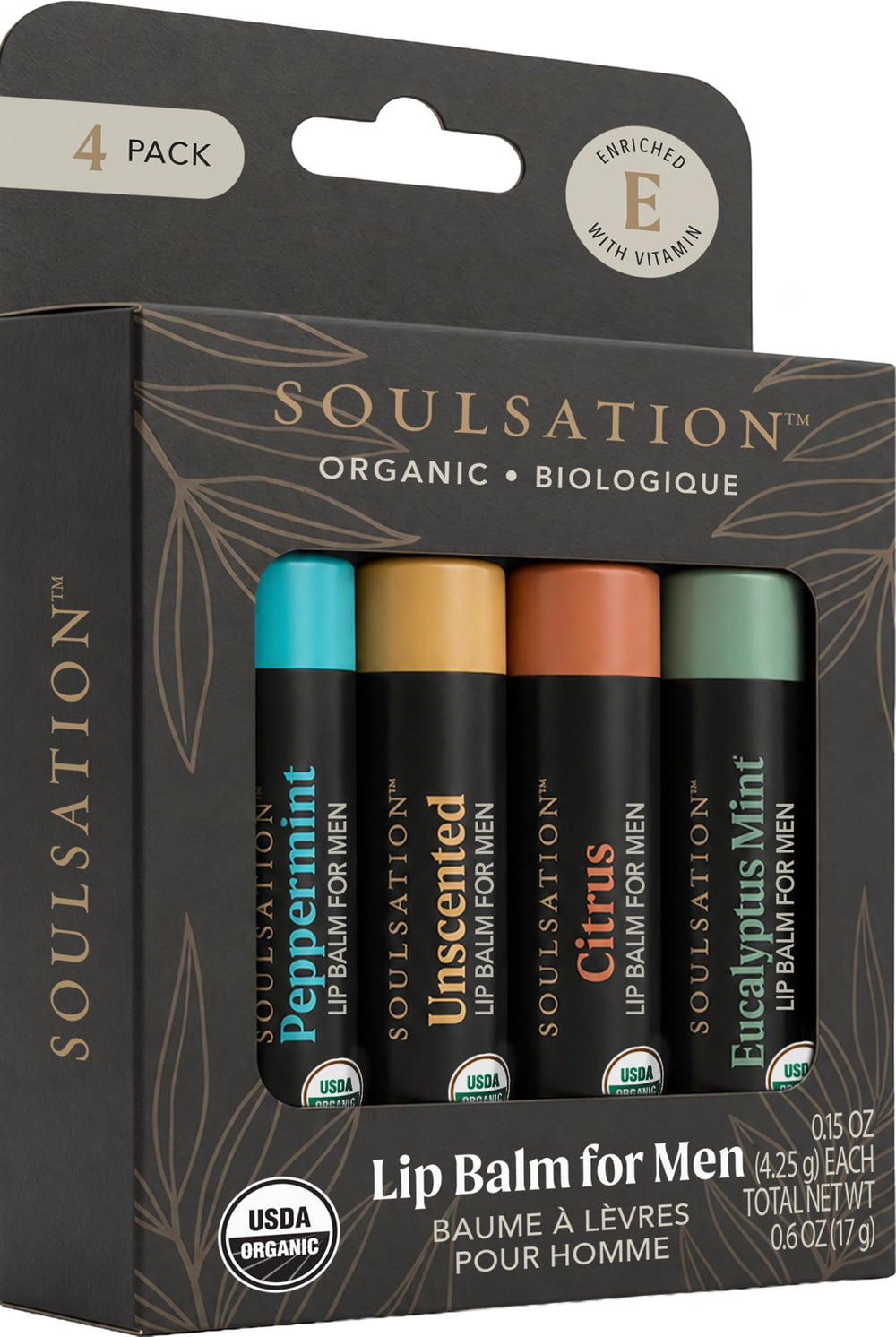 SOULSATION front packaging showing four lip balm tubes and variety benefit