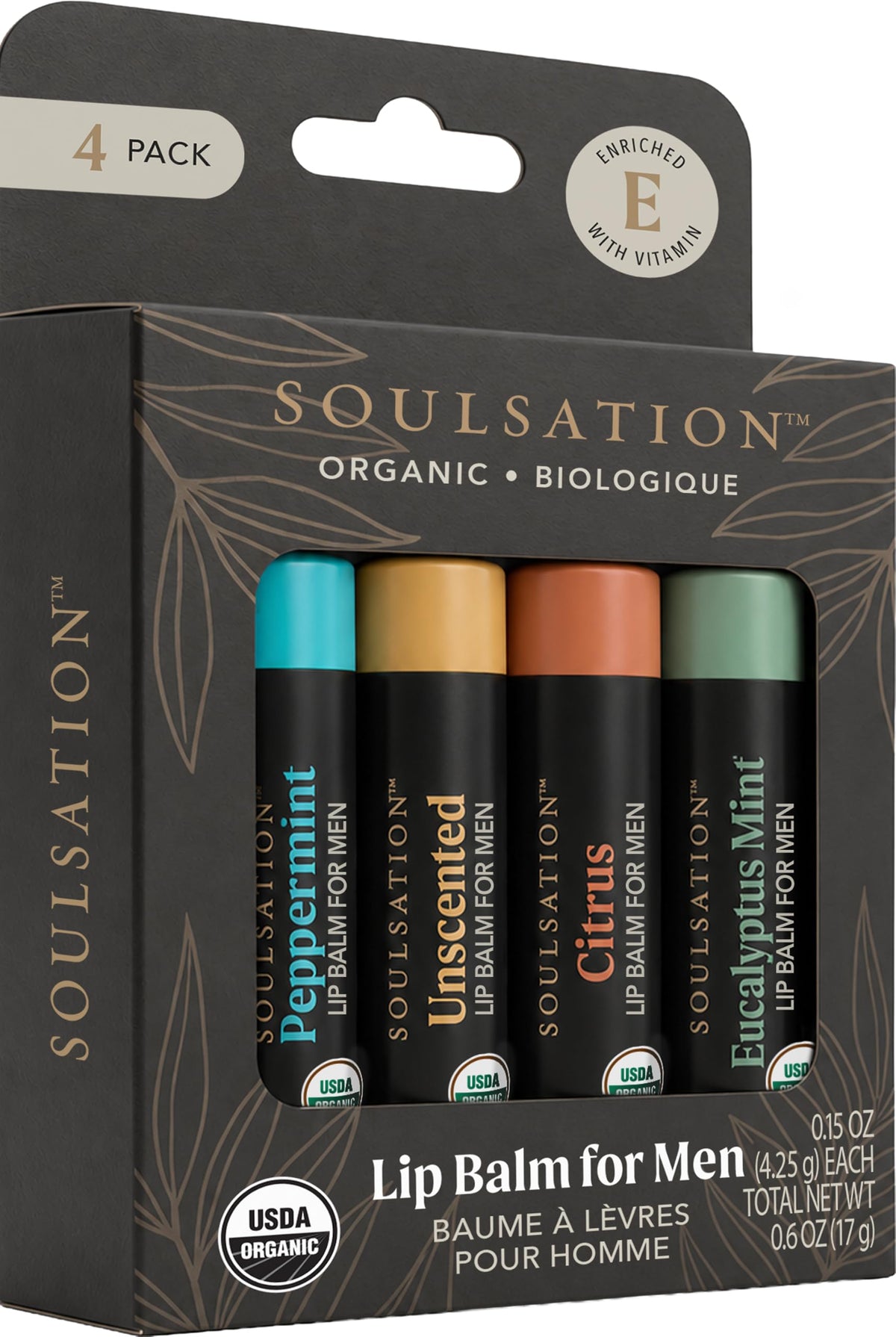 SOULSATION front packaging showing four lip balm tubes and variety benefit