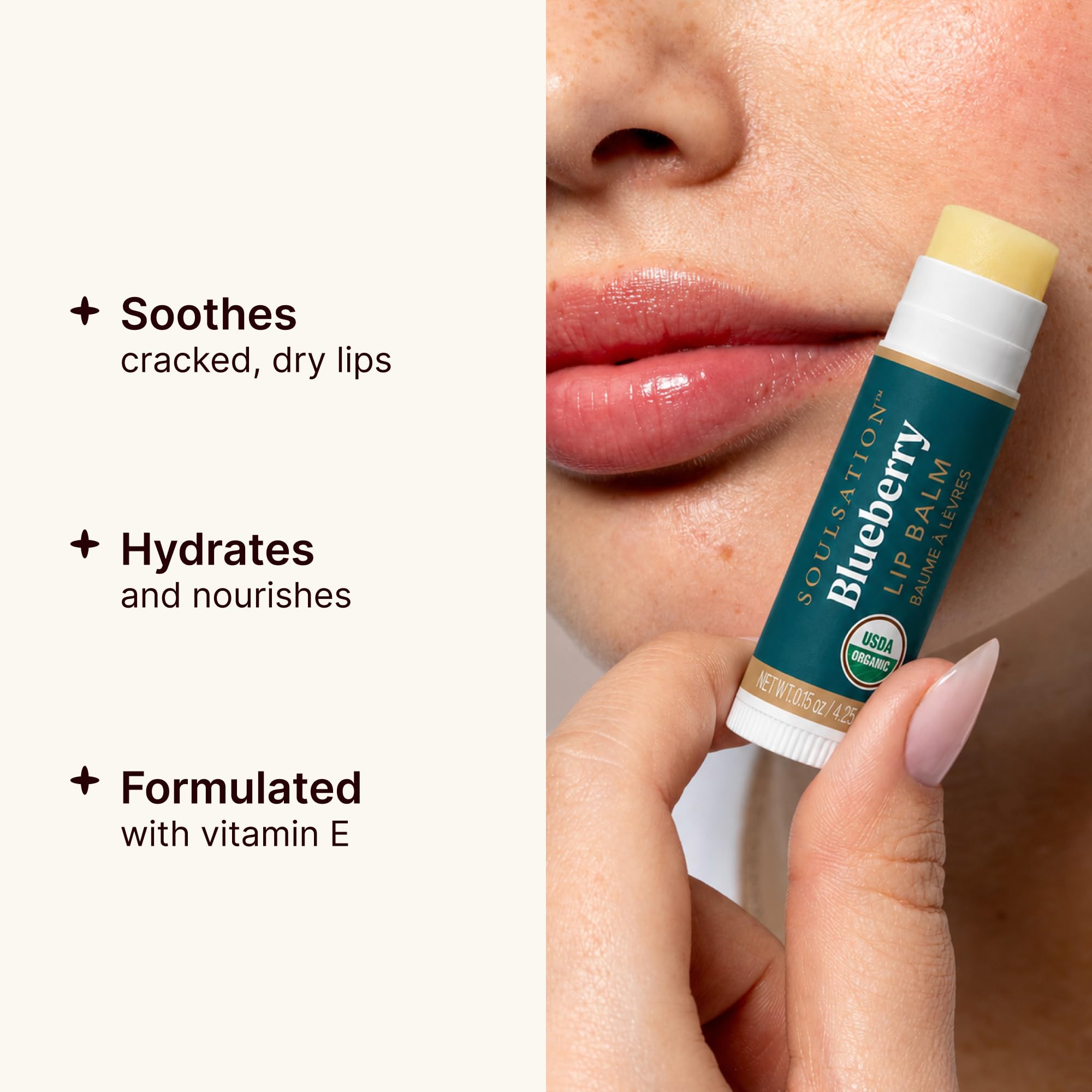 SOULSATION applied outdoors on lips to demonstrate hydration during activities