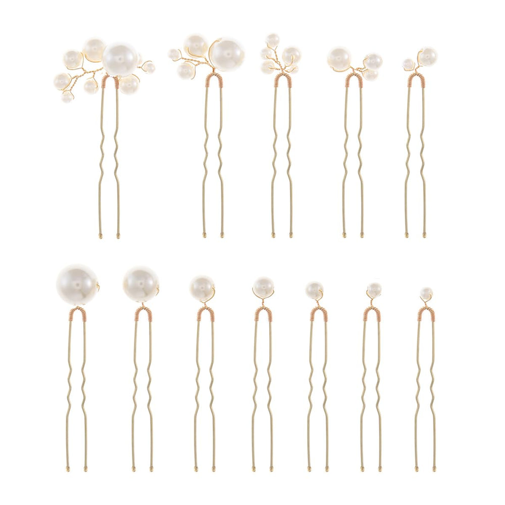 soulshow front view of 12 gold pearl hair pins, elegant set for weddings