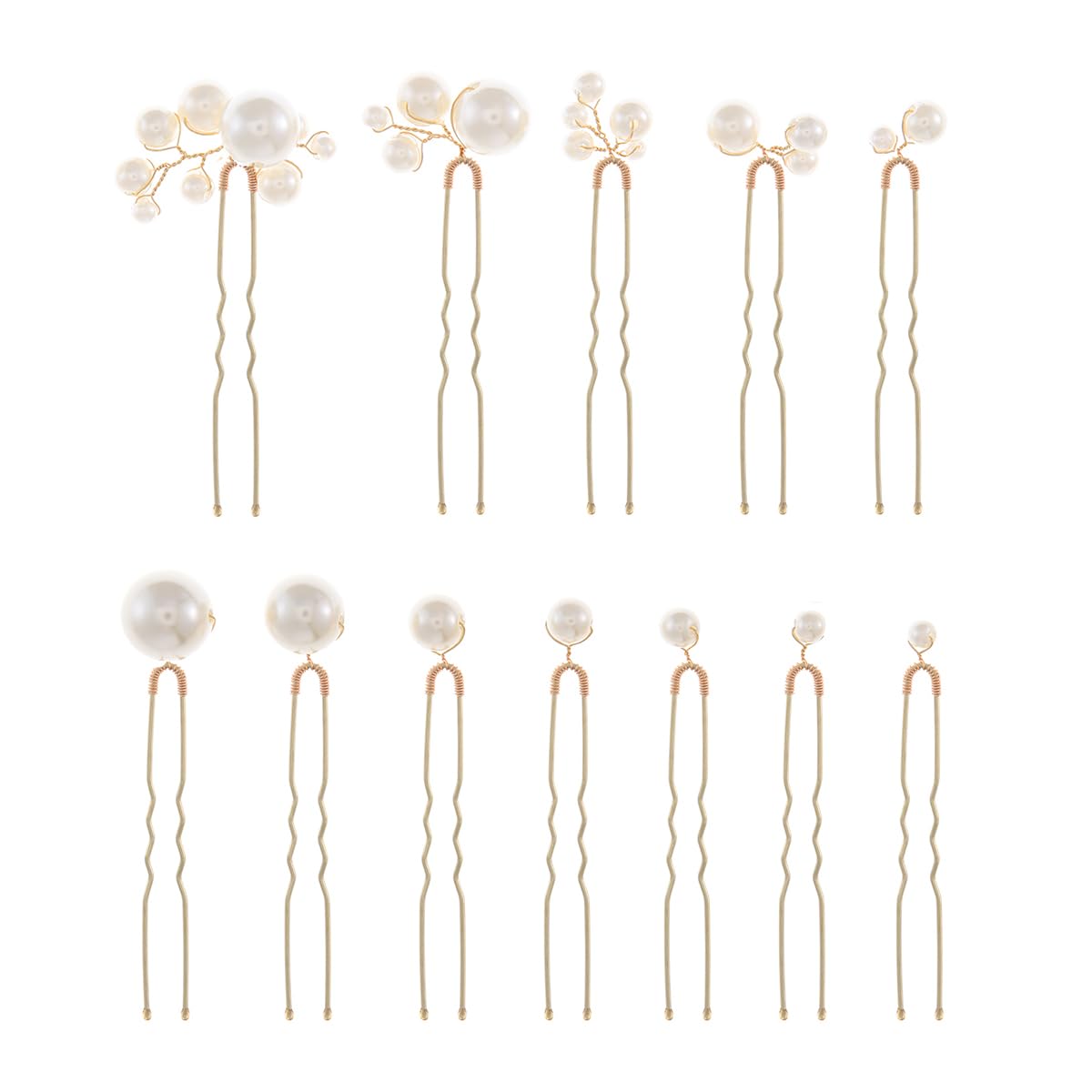 soulshow front view of 12 gold pearl hair pins, elegant set for weddings