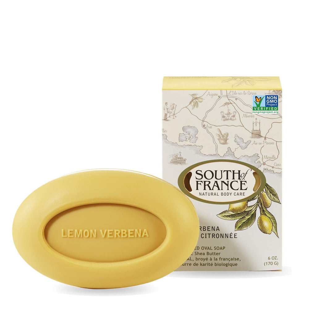 South Of France lemon verbena front oval bar shows bright scent and long-lasting lather