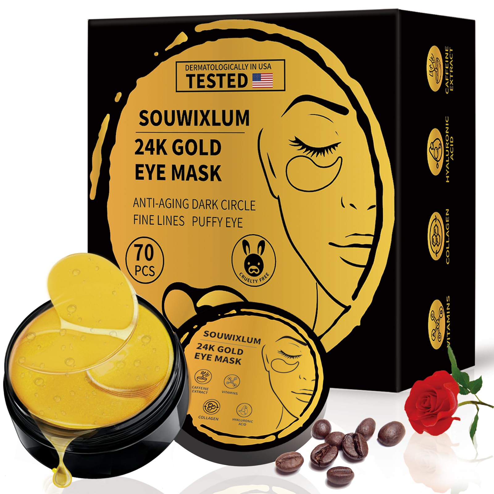Souwixlum front packaging showing 70-piece gold eye mask set and convenient value