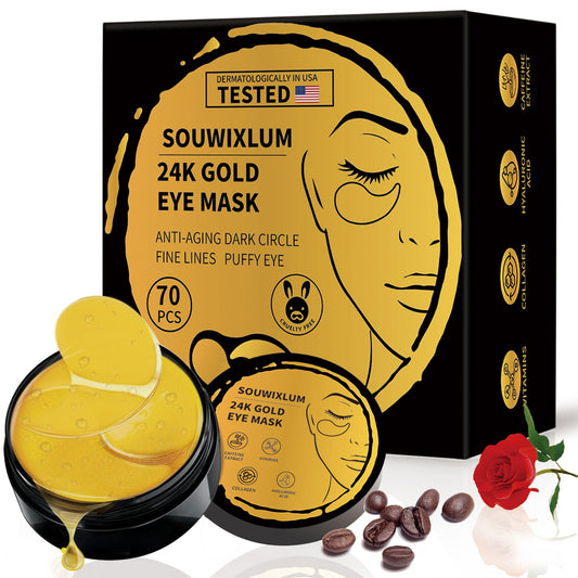 Souwixlum front packaging showing 70-piece gold eye mask set and convenient value