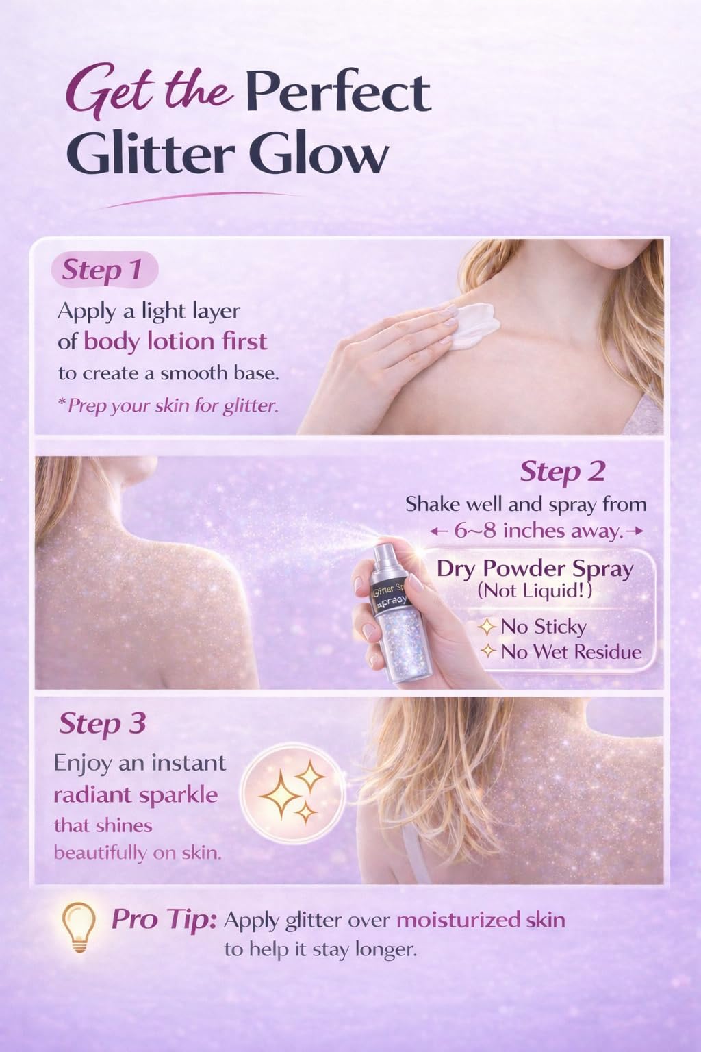 Sovano spraying glitter on arm demonstrating easy non-sticky glow