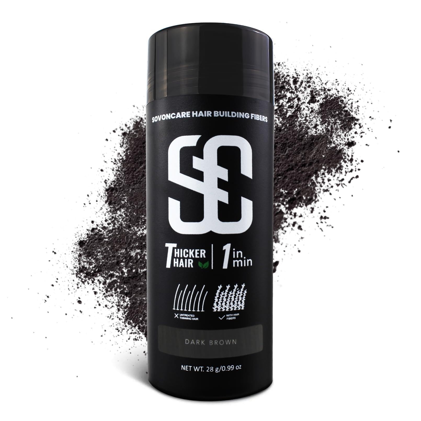 SOVONCARE front packaging showing 28g dark brown fibers and product benefit