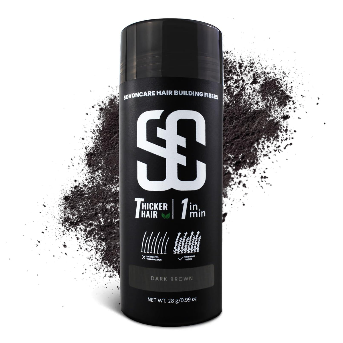 SOVONCARE front packaging showing 28g dark brown fibers and product benefit