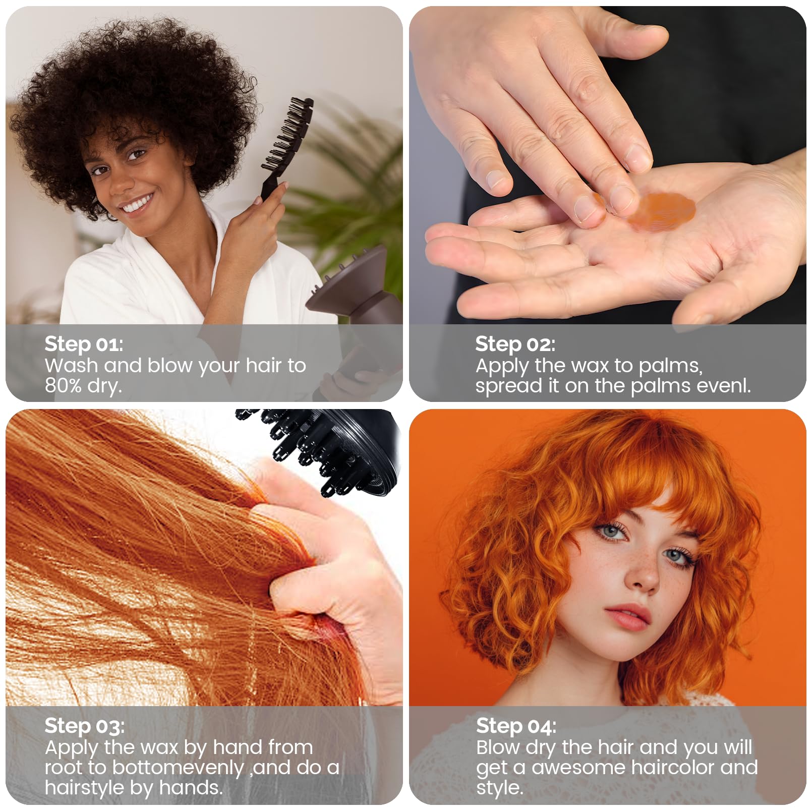 Hair strands color swatch showing SOVONCARE orange vibrancy on different tones