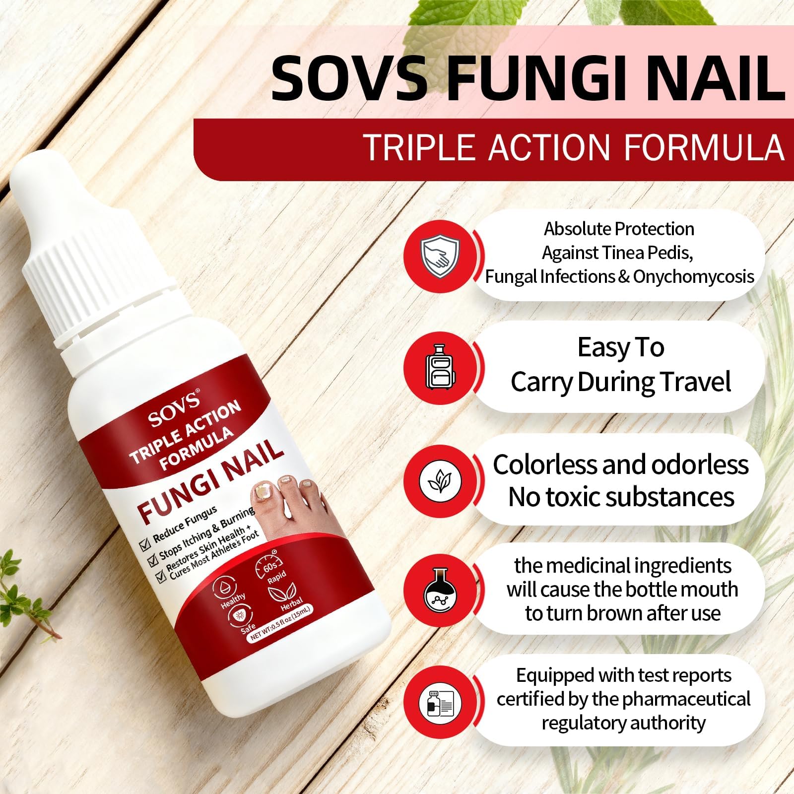 SOVS bottle next to a hand for scale showing compact travel-friendly size