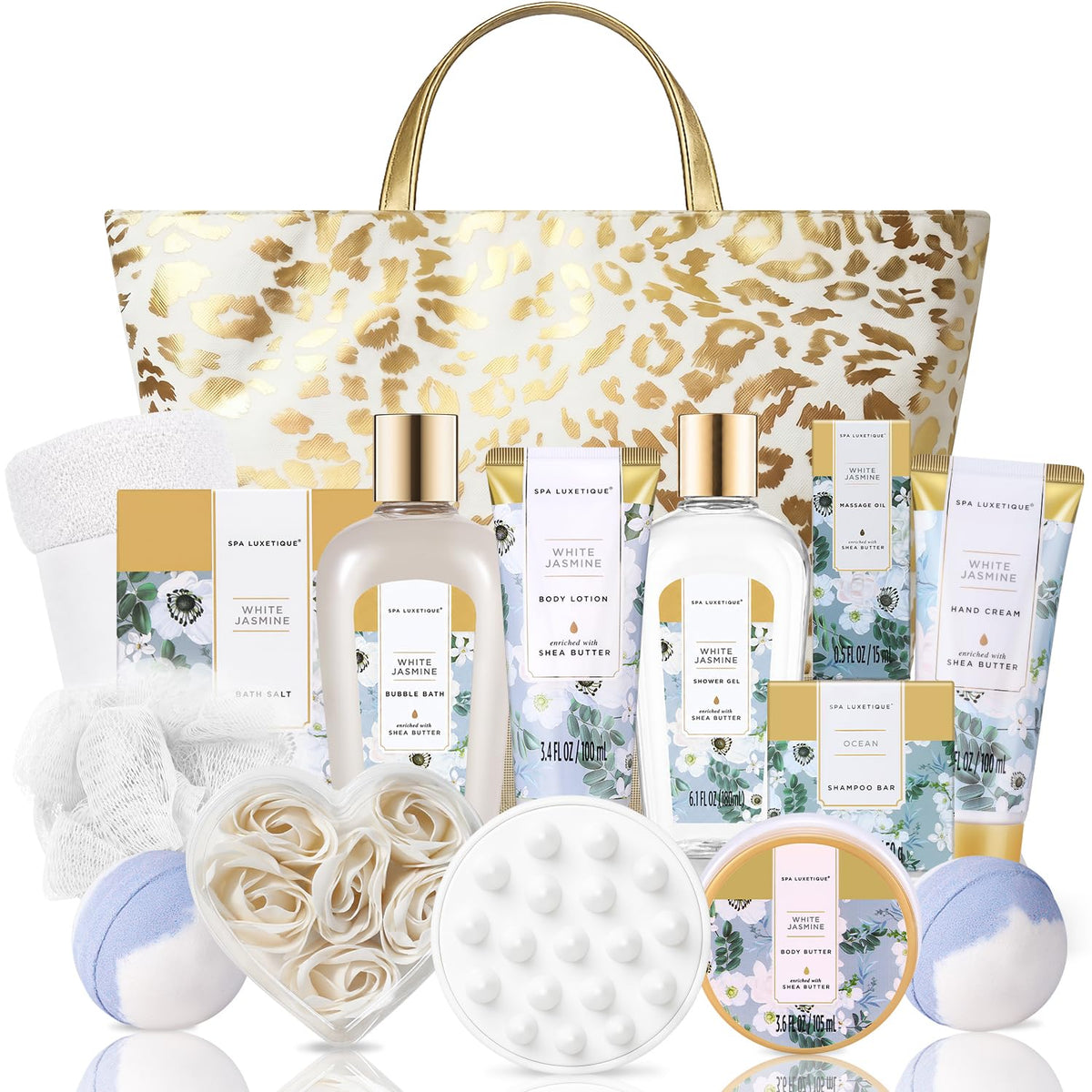 spa luxetique front packaging showing white jasmine gift set, elegant presentation