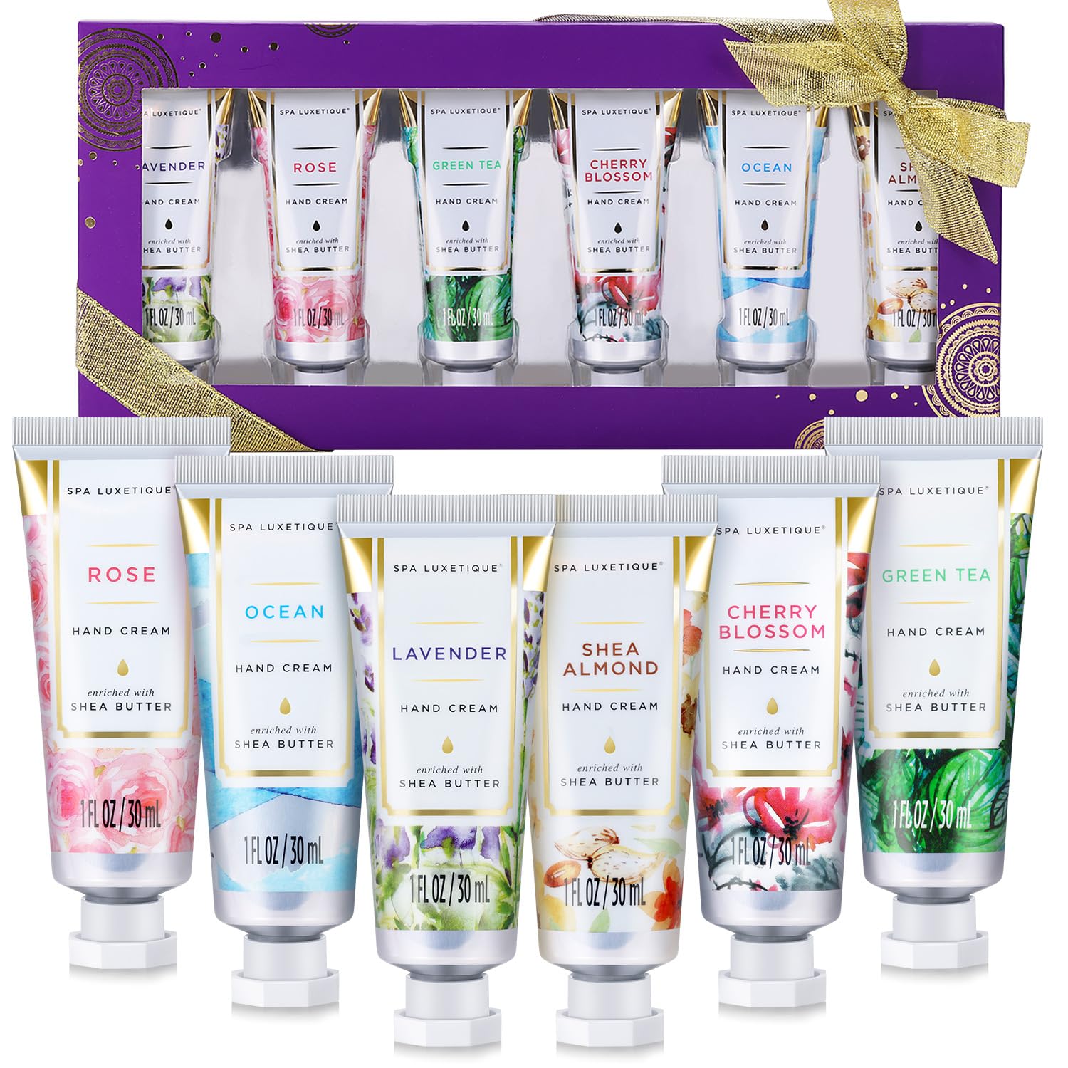 spa luxetique front packaging showing six travel hand cream tubes and gift box