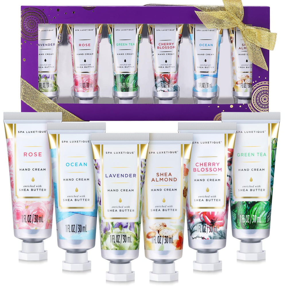 spa luxetique front packaging showing six travel hand cream tubes and gift box