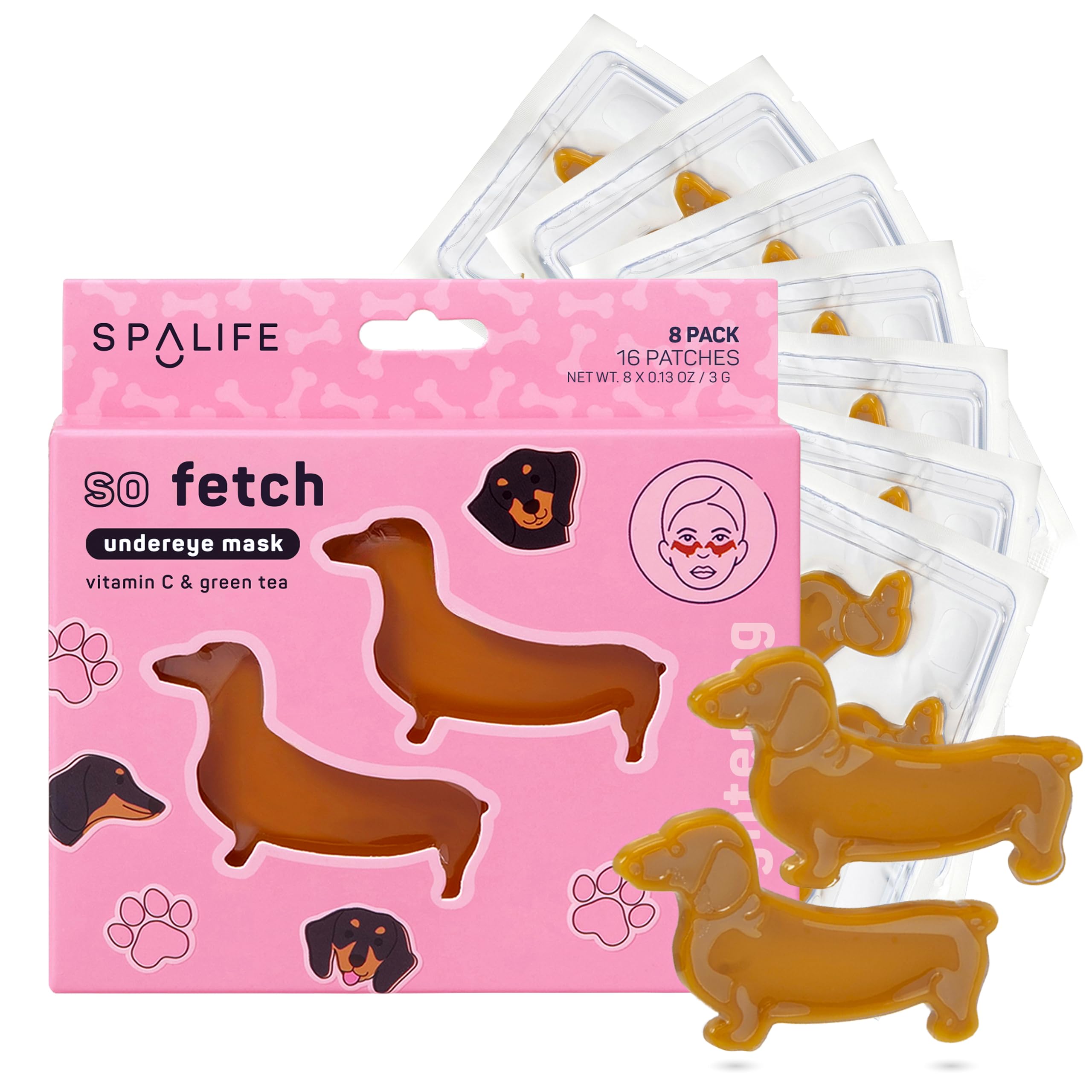 SpaLife front packaging showing dachshund-shaped hydrogel patches and brightening benefits