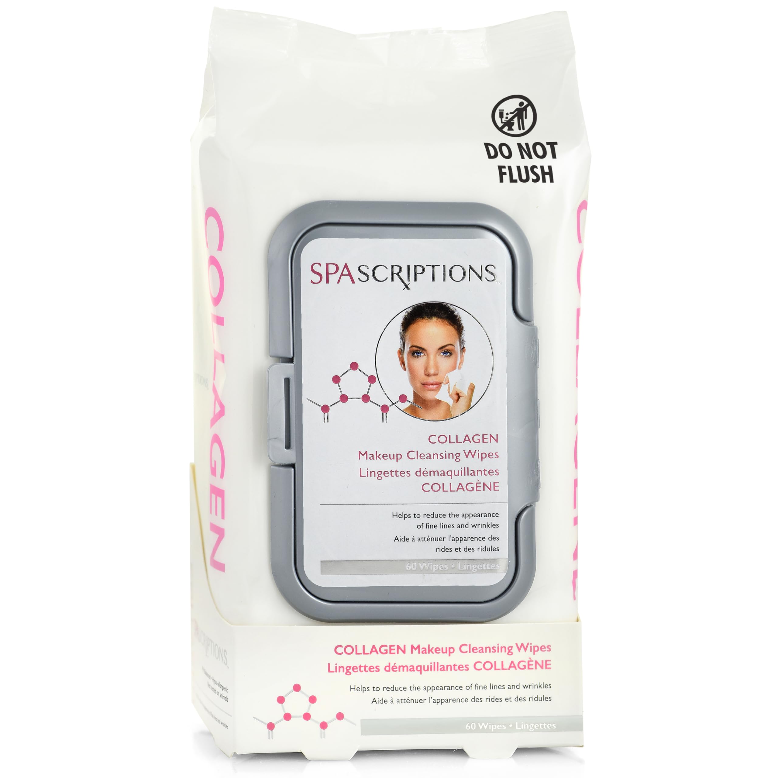 SpaScriptions front packaging showing 60-count wipes with hydrating benefit