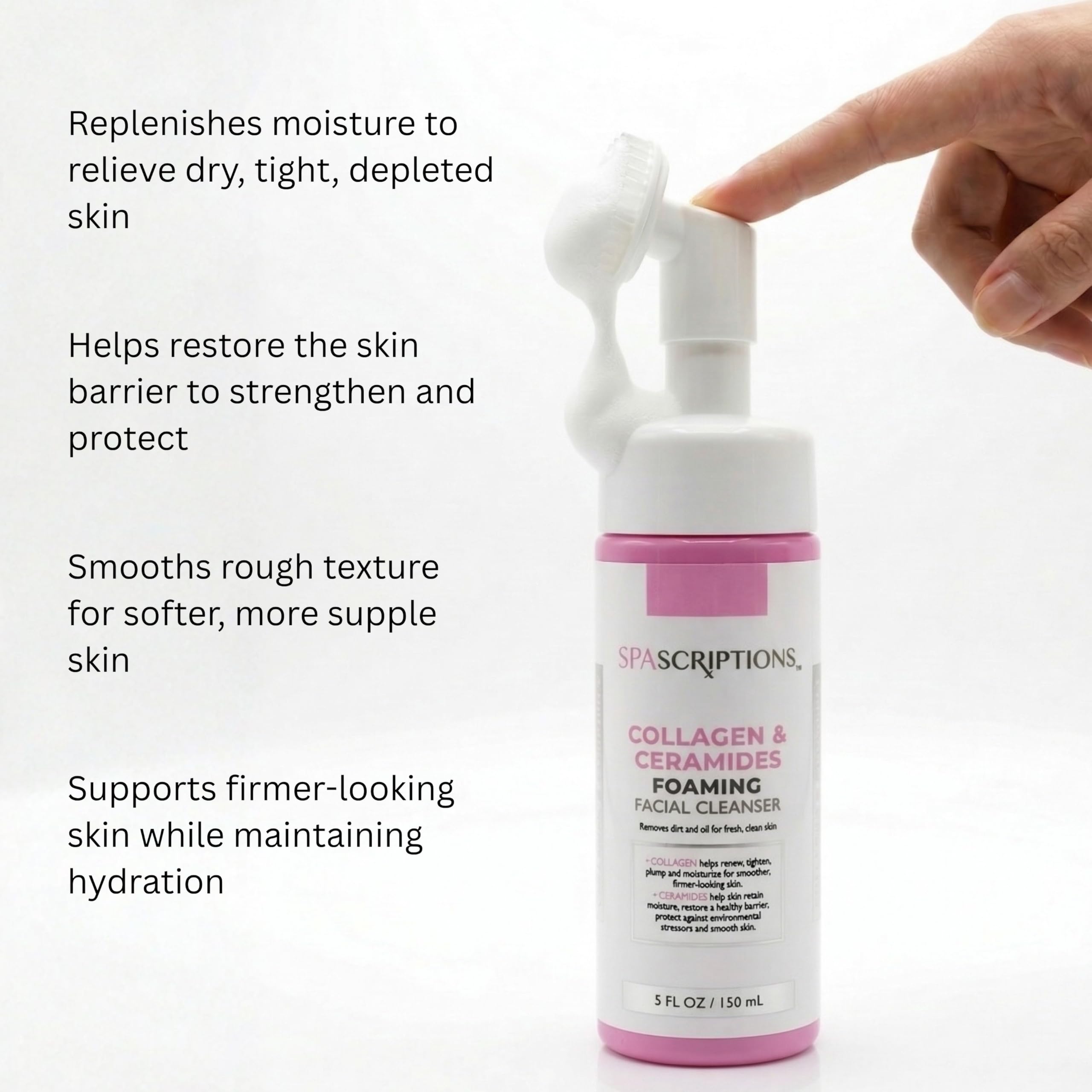 SpaScriptions cleanser being massaged with brush demonstrating easy daily use benefit
