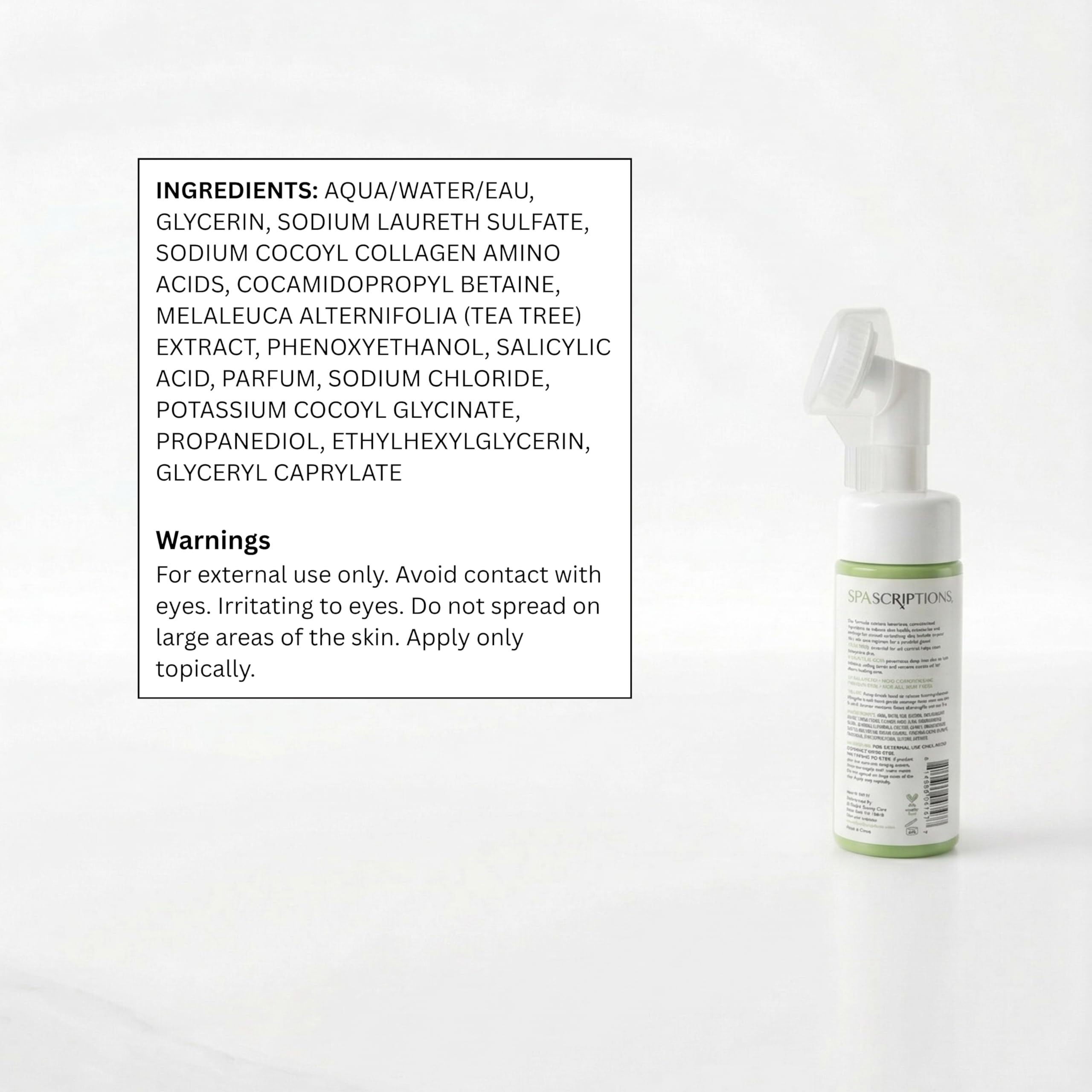 SpaScriptions tea tree leaves and salicylic acid visual indicating key ingredients and clarifying action