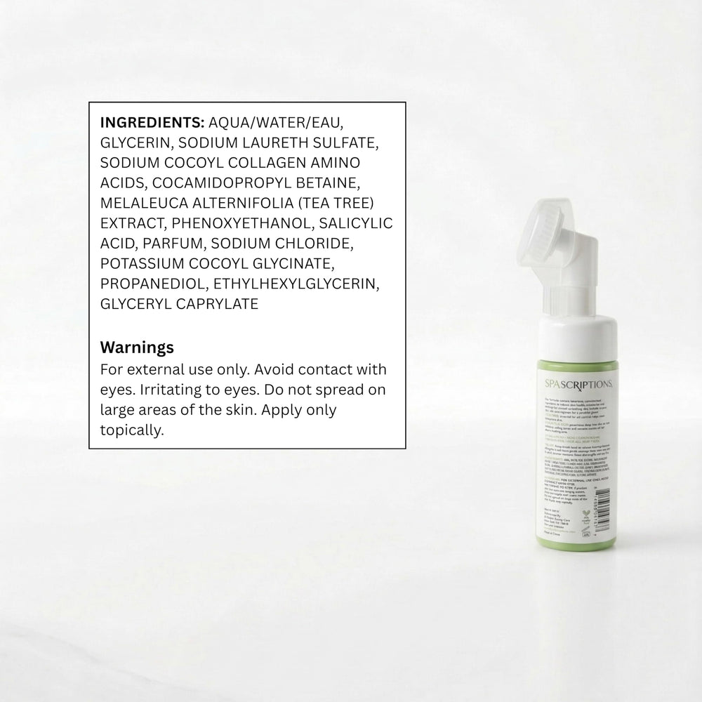 SpaScriptions tea tree leaves and salicylic acid visual indicating key ingredients and clarifying action
