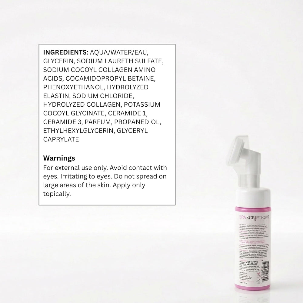 SpaScriptions cleanser on bathroom vanity styled for morning routine and visible refreshment benefit