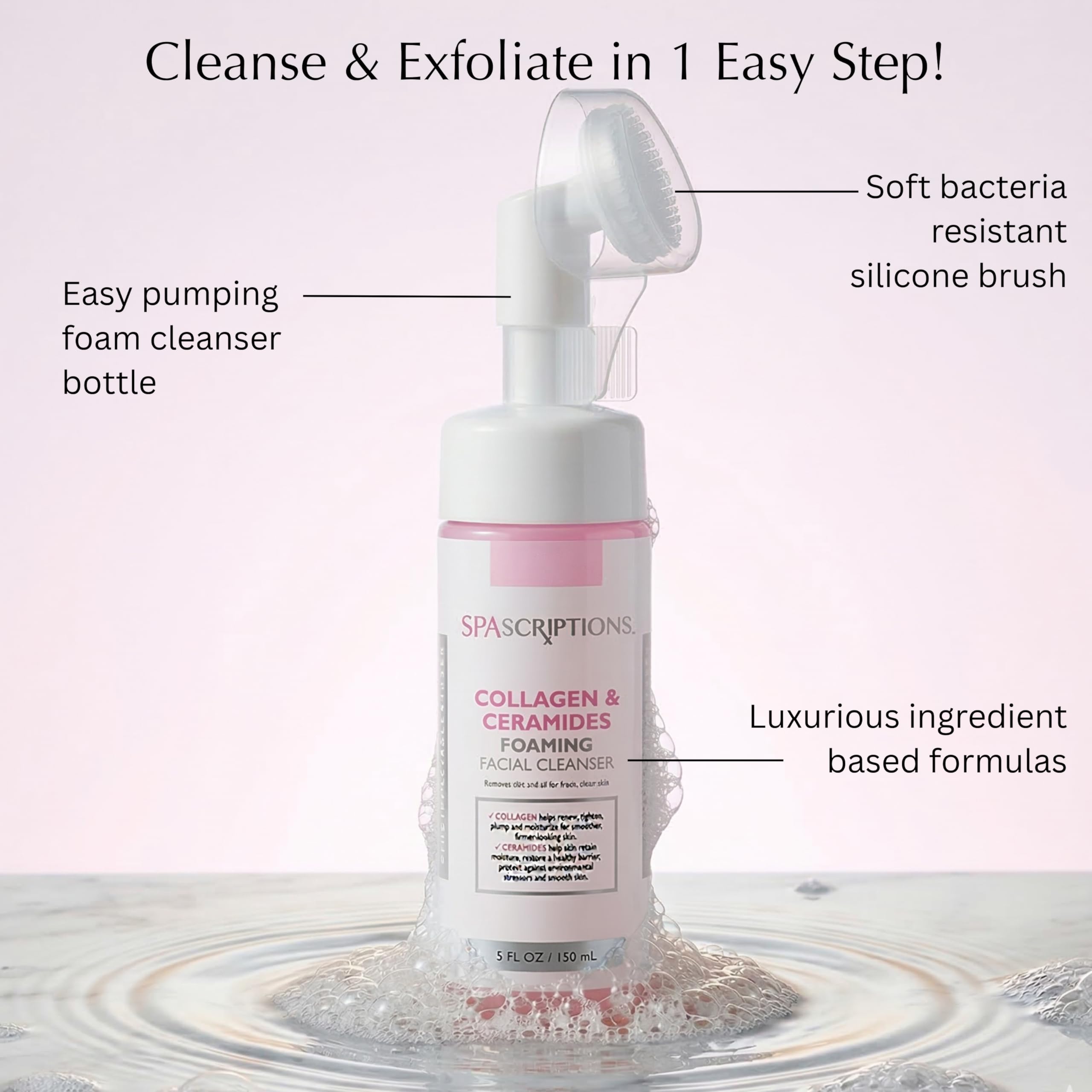 SpaScriptions silicone cleansing brush close-up highlighting gentle exfoliation benefit