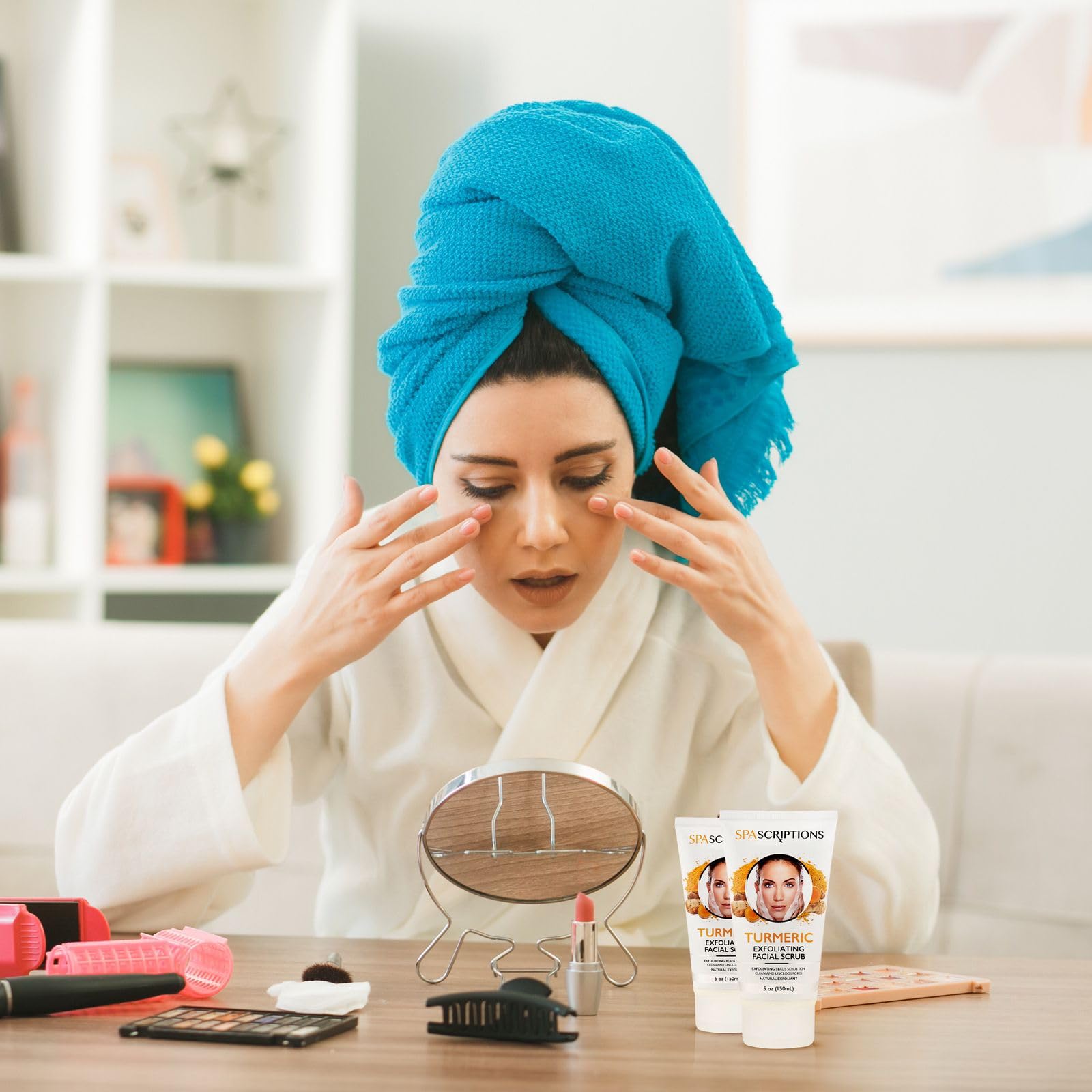 SpaScriptions scrub placed in bathroom setting suggesting daily skincare routine