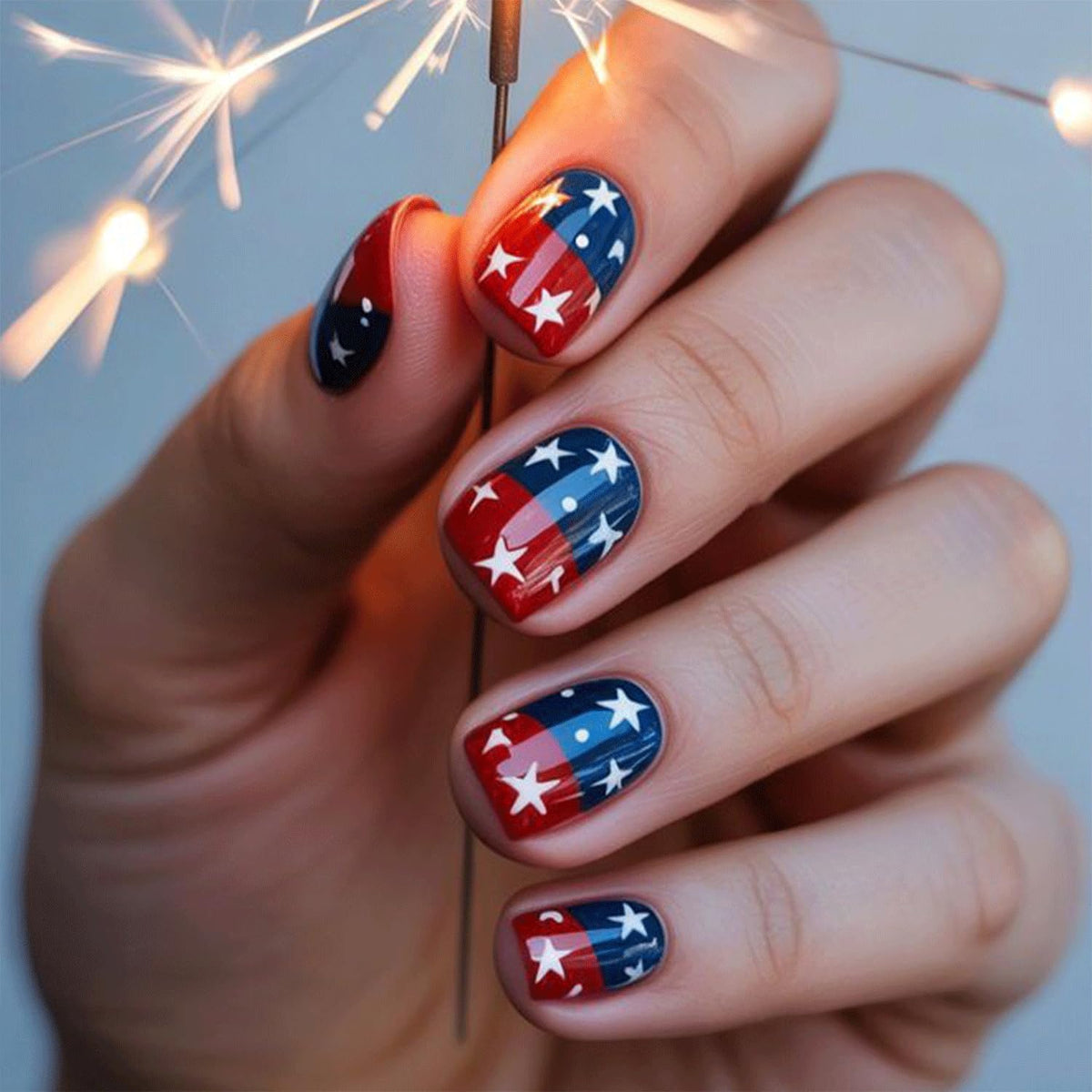 Spebozy front packaging showing 24-piece patriotic nail kit benefit: complete set